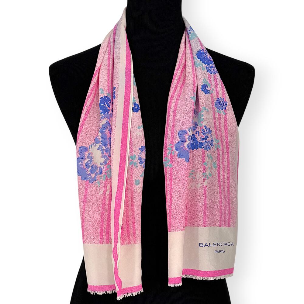 VINTAGE Balenciaga Paris Silk Pink Ivory & Blue Floral Botanical 44" X 10" Scarf